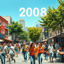A realistic image depicting a year in a vibrant urban setting from 2008