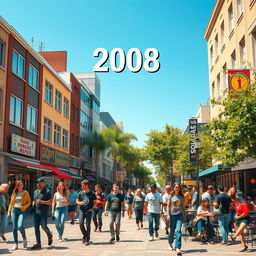 A realistic image depicting a year in a vibrant urban setting from 2008