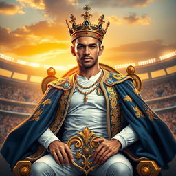 A majestic portrait of a regal soccer player in an elegant pose, embodying the spirit of a king