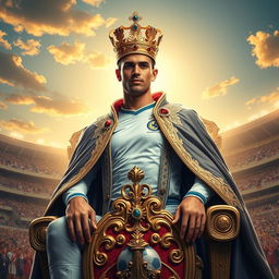 A majestic portrait of a regal soccer player in an elegant pose, embodying the spirit of a king