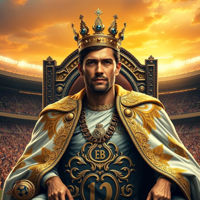 A majestic portrait of a regal soccer player in an elegant pose, embodying the spirit of a king