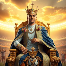 A majestic portrait of a regal soccer player in an elegant pose, embodying the spirit of a king
