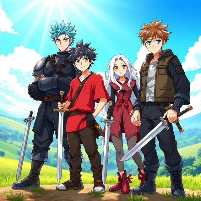 A dynamic scene featuring four anime-style brothers, standing confidently with swords in hand