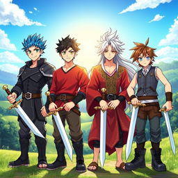 A dynamic scene featuring four anime-style brothers, standing confidently with swords in hand