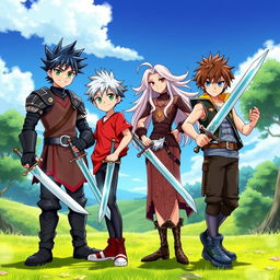 A dynamic scene featuring four anime-style brothers, standing confidently with swords in hand