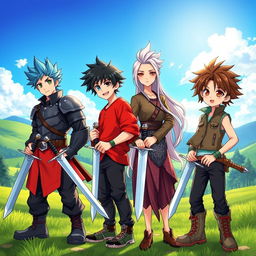 A dynamic scene featuring four anime-style brothers, standing confidently with swords in hand