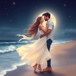 A romantic scene featuring a couple deeply in love, embracing on a moonlit beach, surrounded by sparkling stars and gentle waves