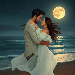 A romantic scene featuring a couple deeply in love, embracing on a moonlit beach, surrounded by sparkling stars and gentle waves