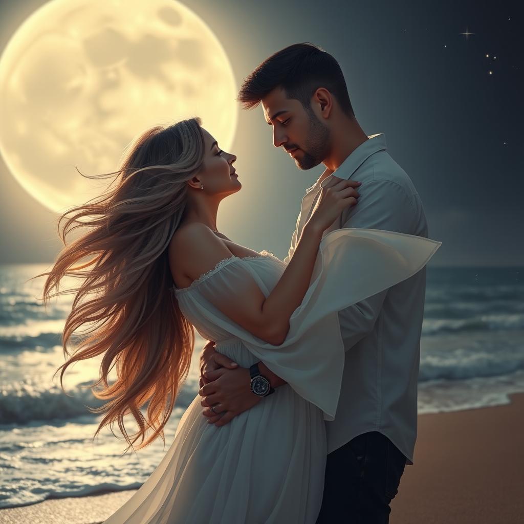 A romantic scene featuring a couple deeply in love, embracing on a moonlit beach, surrounded by sparkling stars and gentle waves