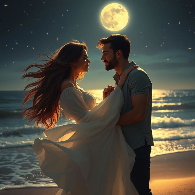 A romantic scene featuring a couple deeply in love, embracing on a moonlit beach, surrounded by sparkling stars and gentle waves