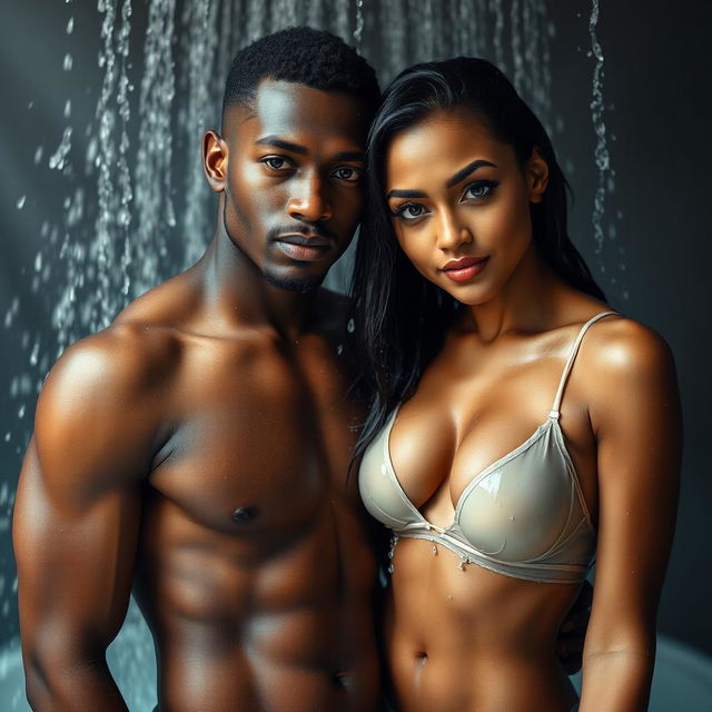 A black male model poses confidently with a beautiful, sexy fair-skinned Indian woman with big breasts and a deep navel, wearing a transparent wet bikini