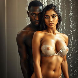 A black male model poses confidently with a beautiful, sexy fair-skinned Indian woman with big breasts and a deep navel, wearing a transparent wet bikini