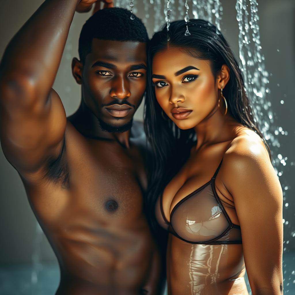 A black male model poses confidently with a beautiful, sexy fair-skinned Indian woman with big breasts and a deep navel, wearing a transparent wet bikini