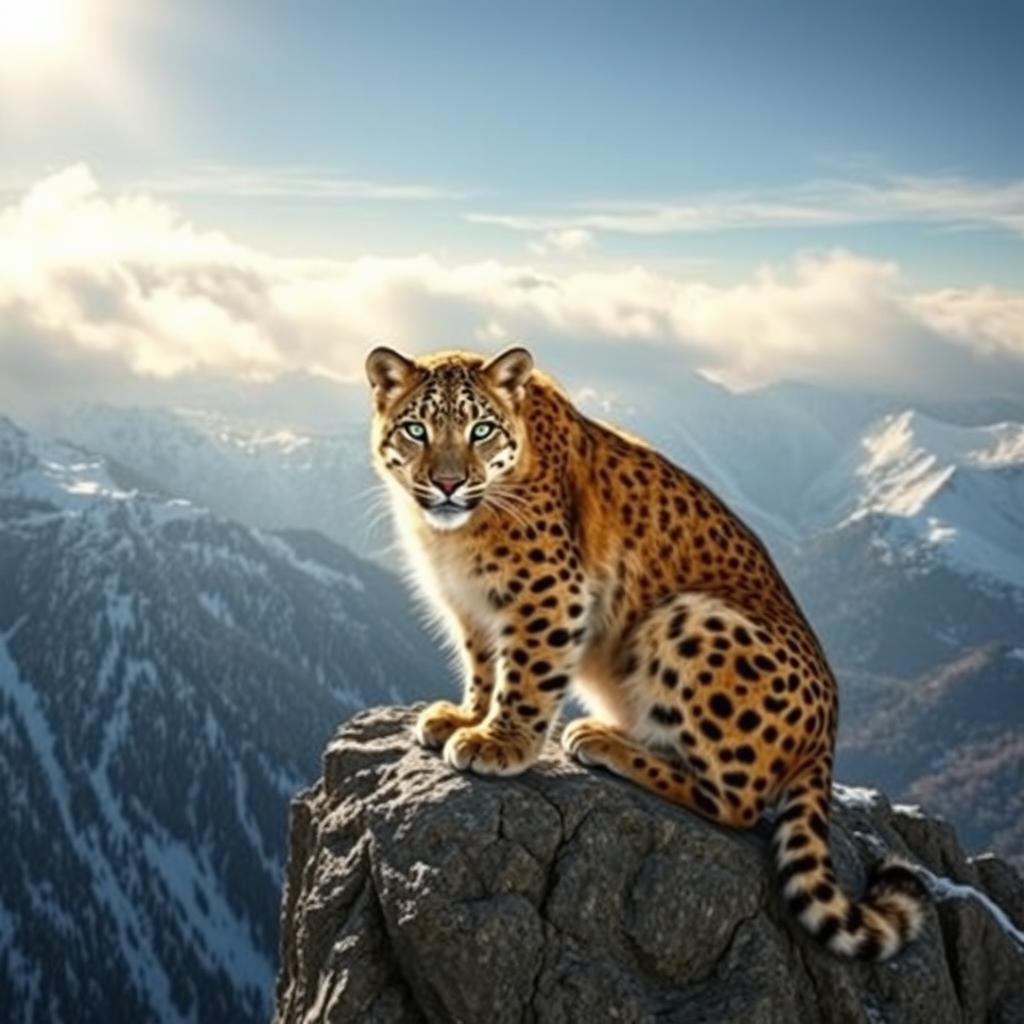 A rare and exquisite animal, a golden snow leopard, perched elegantly on a rocky cliff overlooking a vast, snowy mountain range