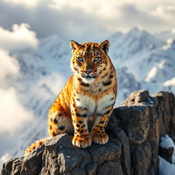 A rare and exquisite animal, a golden snow leopard, perched elegantly on a rocky cliff overlooking a vast, snowy mountain range