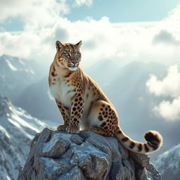 A rare and exquisite animal, a golden snow leopard, perched elegantly on a rocky cliff overlooking a vast, snowy mountain range