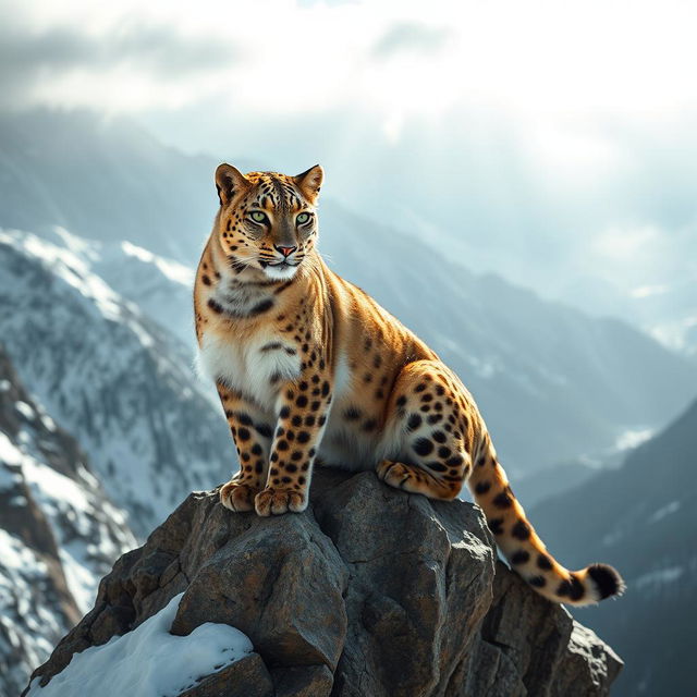 A rare and exquisite animal, a golden snow leopard, perched elegantly on a rocky cliff overlooking a vast, snowy mountain range