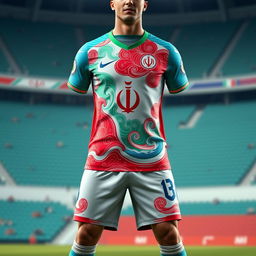 A football kit designed for the Iranian national team, showcasing a Persian Gulf theme