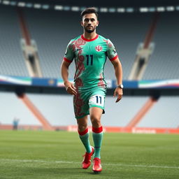 A football kit designed for the Iranian national team, showcasing a Persian Gulf theme
