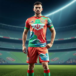 A football kit designed for the Iranian national team, showcasing a Persian Gulf theme