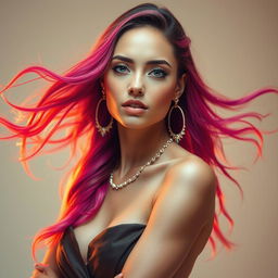 An enchanting portrait featuring a striking model, showcasing vibrant and flowing hair, adorned with delicate shimmering accessories, enhancing her ethereal beauty