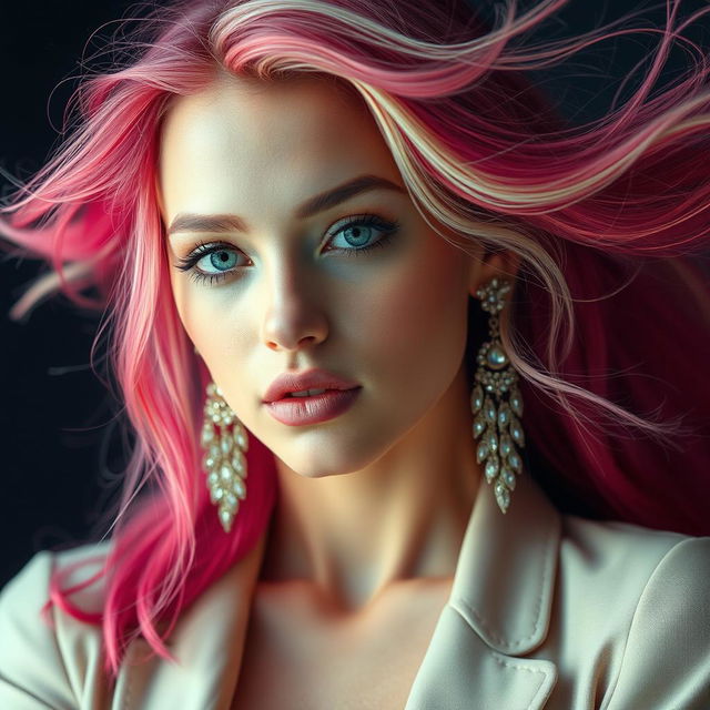 An enchanting portrait featuring a striking model, showcasing vibrant and flowing hair, adorned with delicate shimmering accessories, enhancing her ethereal beauty