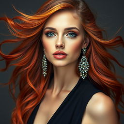 An enchanting portrait featuring a striking model, showcasing vibrant and flowing hair, adorned with delicate shimmering accessories, enhancing her ethereal beauty