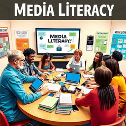 A visually appealing and educational scene depicting the concept of media literacy