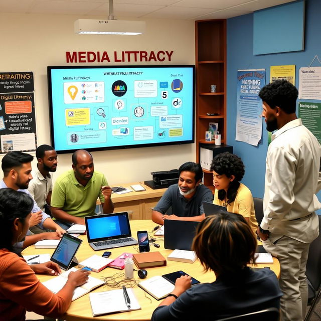 A visually appealing and educational scene depicting the concept of media literacy