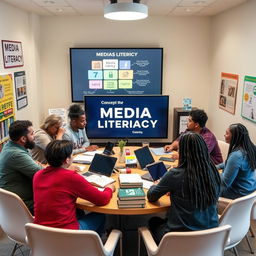 A visually appealing and educational scene depicting the concept of media literacy