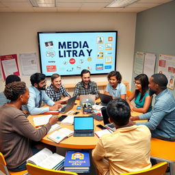 A visually appealing and educational scene depicting the concept of media literacy