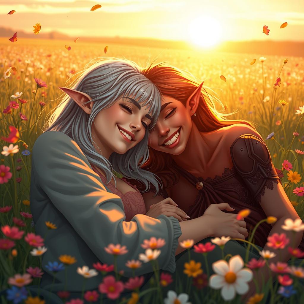 Two young women lying closely in a flower-filled meadow under a warm sunset
