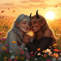Two young women lying closely in a flower-filled meadow under a warm sunset