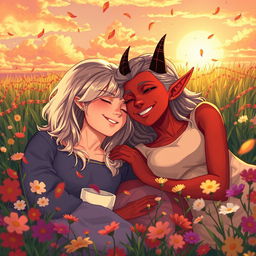 Two young women lying closely in a flower-filled meadow under a warm sunset