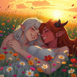 Two young women lying closely in a flower-filled meadow under a warm sunset