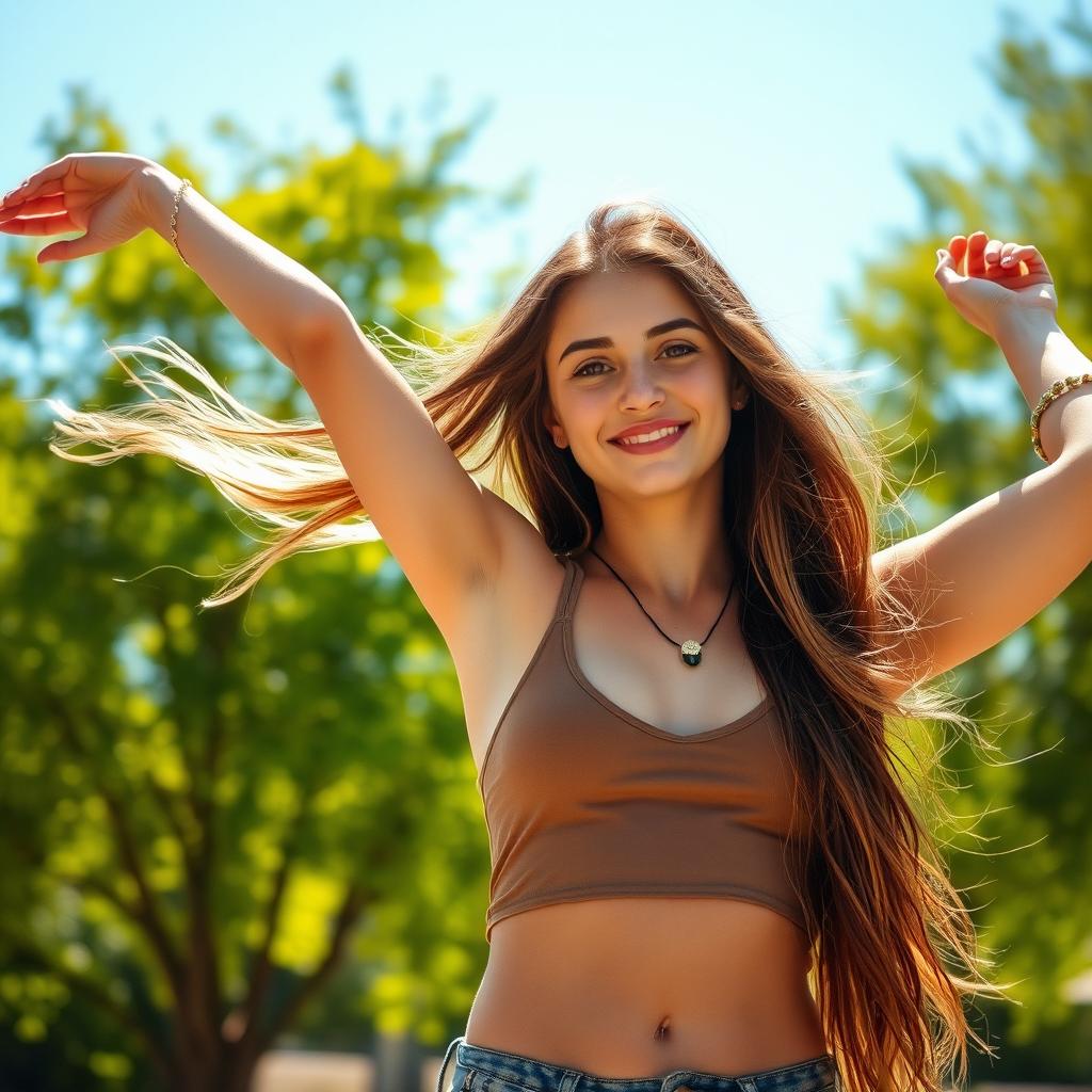 A confident young woman standing confidently in a beautiful outdoor setting, her long hair flowing in the wind