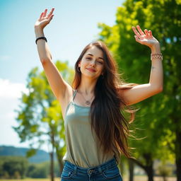 A confident young woman standing confidently in a beautiful outdoor setting, her long hair flowing in the wind