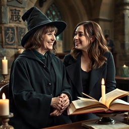 A realistic and captivating scene featuring Professor McGonagall from Harry Potter portrayed by an actress, alongside Krysten Ritter in a genuine moment of camaraderie