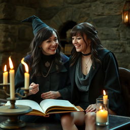 A realistic and captivating scene featuring Professor McGonagall from Harry Potter portrayed by an actress, alongside Krysten Ritter in a genuine moment of camaraderie
