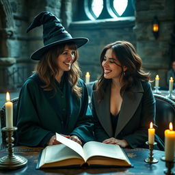 A realistic and captivating scene featuring Professor McGonagall from Harry Potter portrayed by an actress, alongside Krysten Ritter in a genuine moment of camaraderie