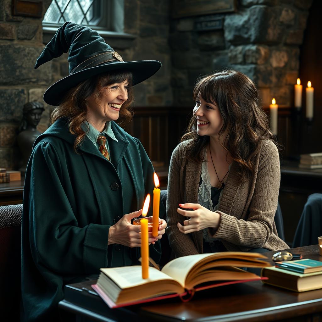 A realistic and captivating scene featuring Professor McGonagall from Harry Potter portrayed by an actress, alongside Krysten Ritter in a genuine moment of camaraderie