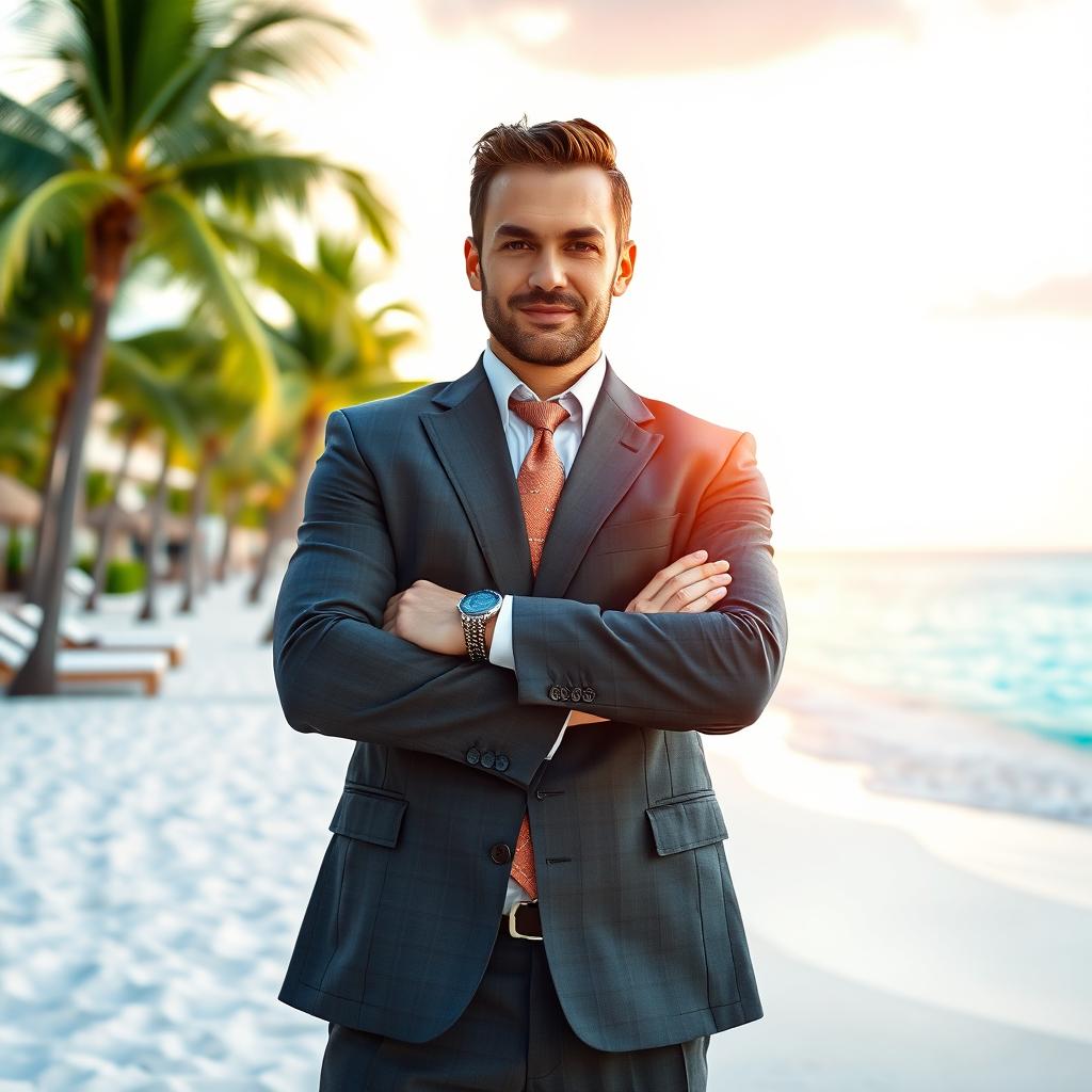 A successful businessman in a sharp, tailored suit standing confidently with arms crossed, set against a luxurious resort backdrop with a picturesque beach