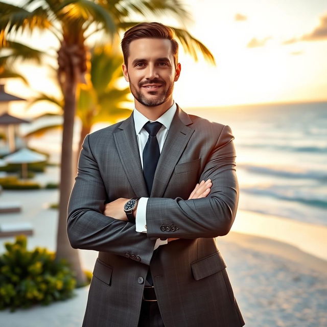 A successful businessman in a sharp, tailored suit standing confidently with arms crossed, set against a luxurious resort backdrop with a picturesque beach