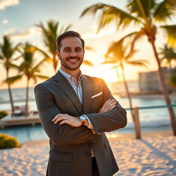 A successful businessman in a sharp, tailored suit standing confidently with arms crossed, set against a luxurious resort backdrop with a picturesque beach
