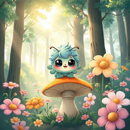 A playful and whimsical illustration of a fantasy forest scene