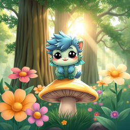 A playful and whimsical illustration of a fantasy forest scene