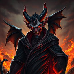 A striking and vivid representation of a devil character, featuring classic devil traits such as sharp horns, glowing red eyes, and a sinister grin