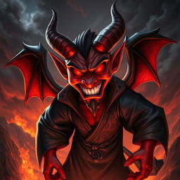 A striking and vivid representation of a devil character, featuring classic devil traits such as sharp horns, glowing red eyes, and a sinister grin