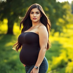 A striking portrait of a confident and large-breasted woman standing outdoors