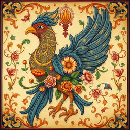 A stunningly detailed depiction of a Simorgh, a mythical bird from Persian folklore, intricately designed with spiral flowers and leaves adorning its feathers